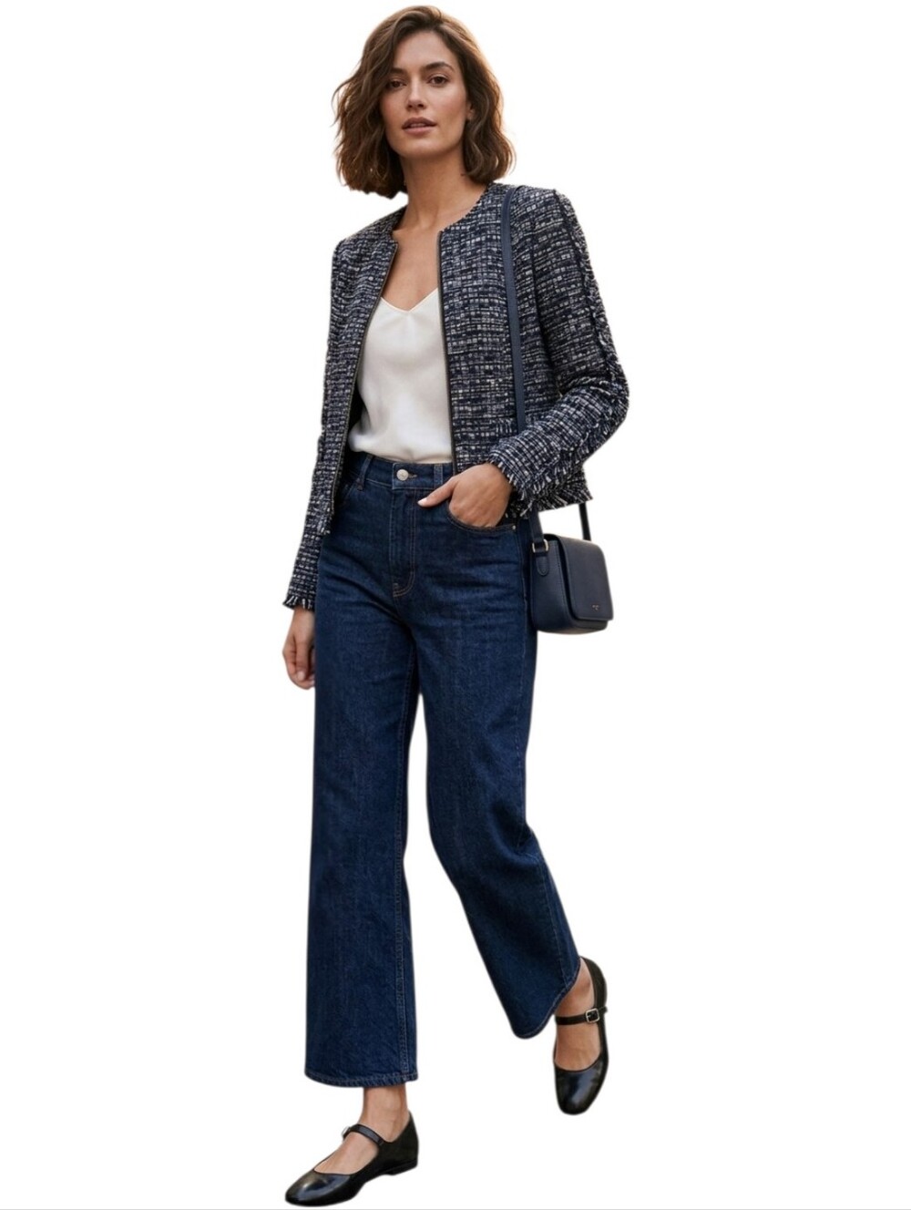 Banana Republic Tweed Zip Up Fringe Navy Off white Cotton Blend Jacket Blazer 4 - Picture 6 of 15
